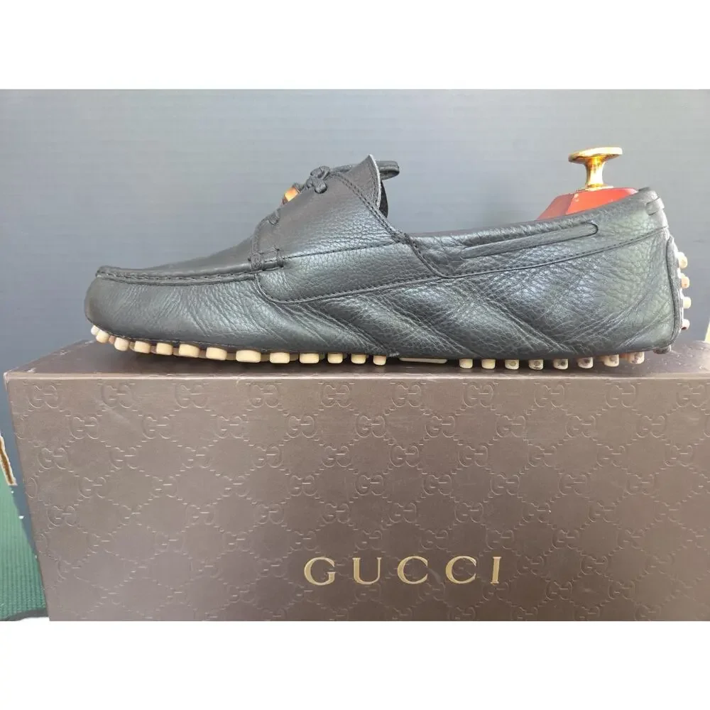 GUCCI Loafers Leather Shoes Laces Tassels Bamboo Navy Men's Size UK 8 Us8.5